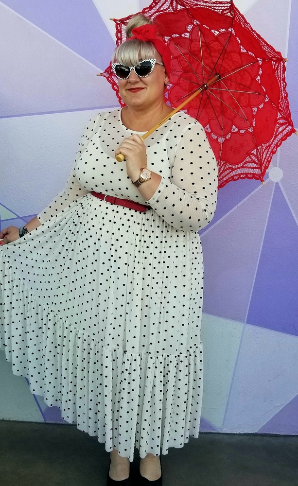 Worn 1x Torrid Ivory Polka Dot Mesh Tiered Ruffle Midi Dress - Picture 7 of 8